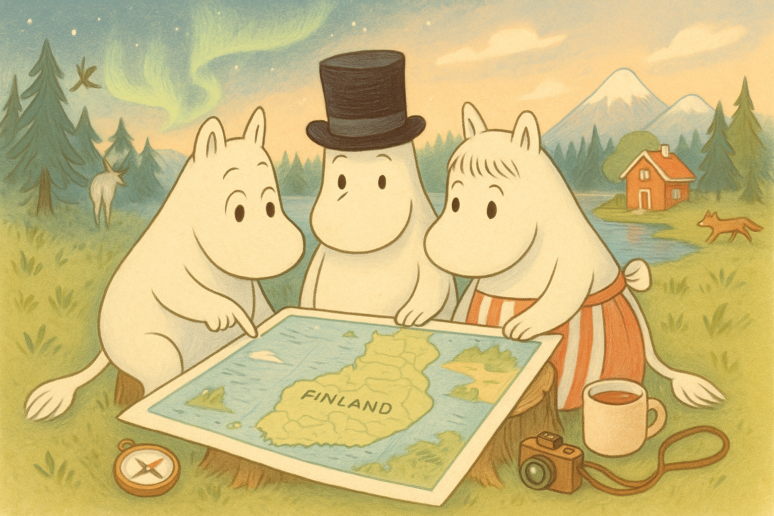 Moomin family planning a trip to Finland